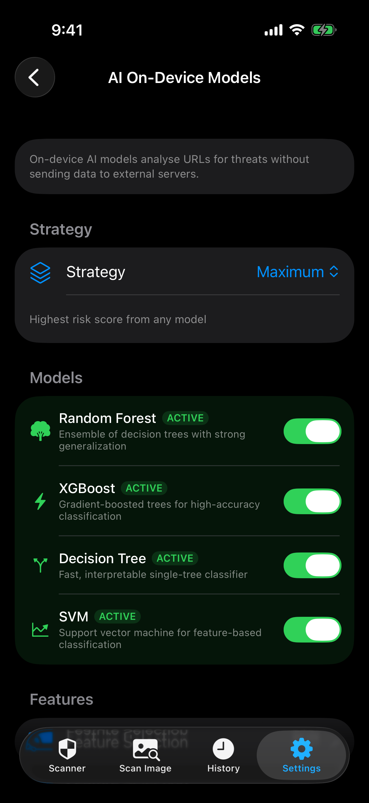 AI on-device models settings screen