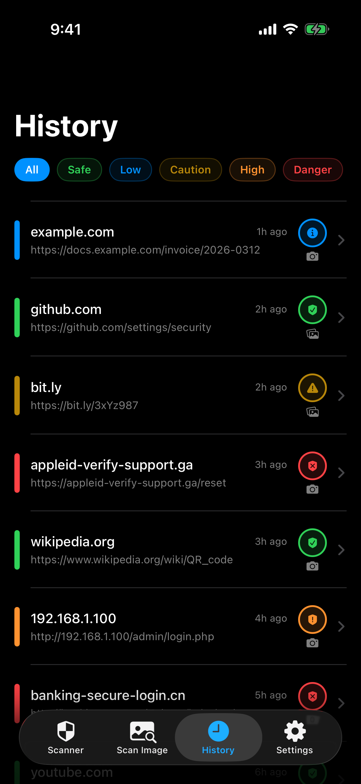 Scan history with colour-coded risk levels