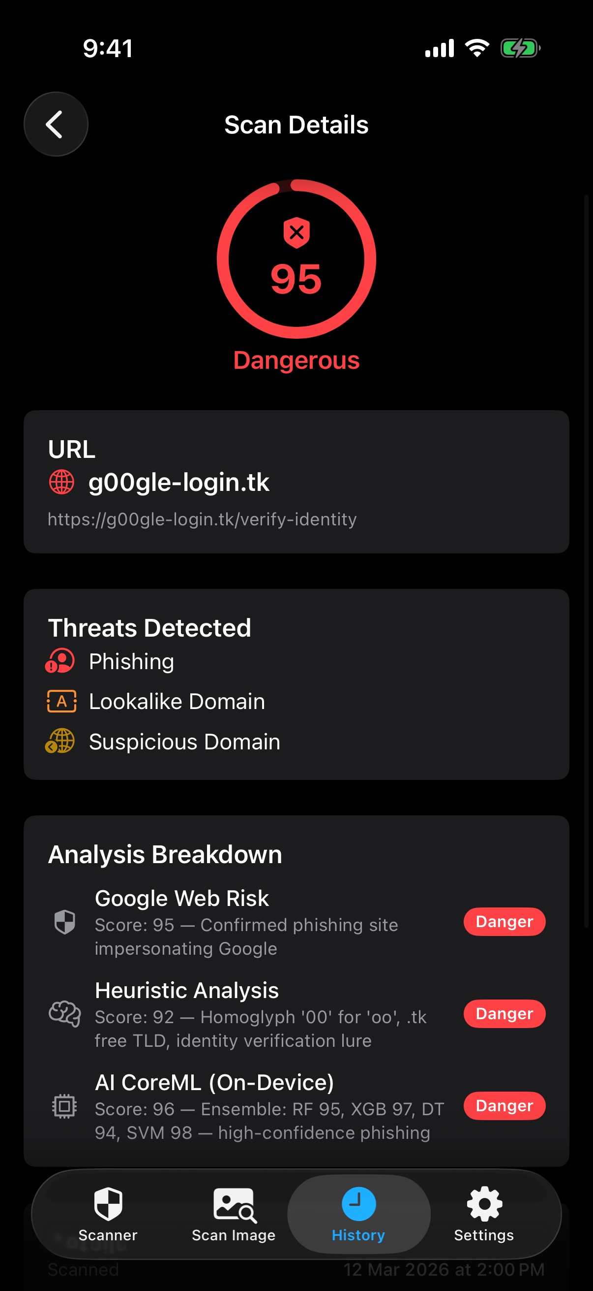 Dangerous scan result - phishing site scored 95/100