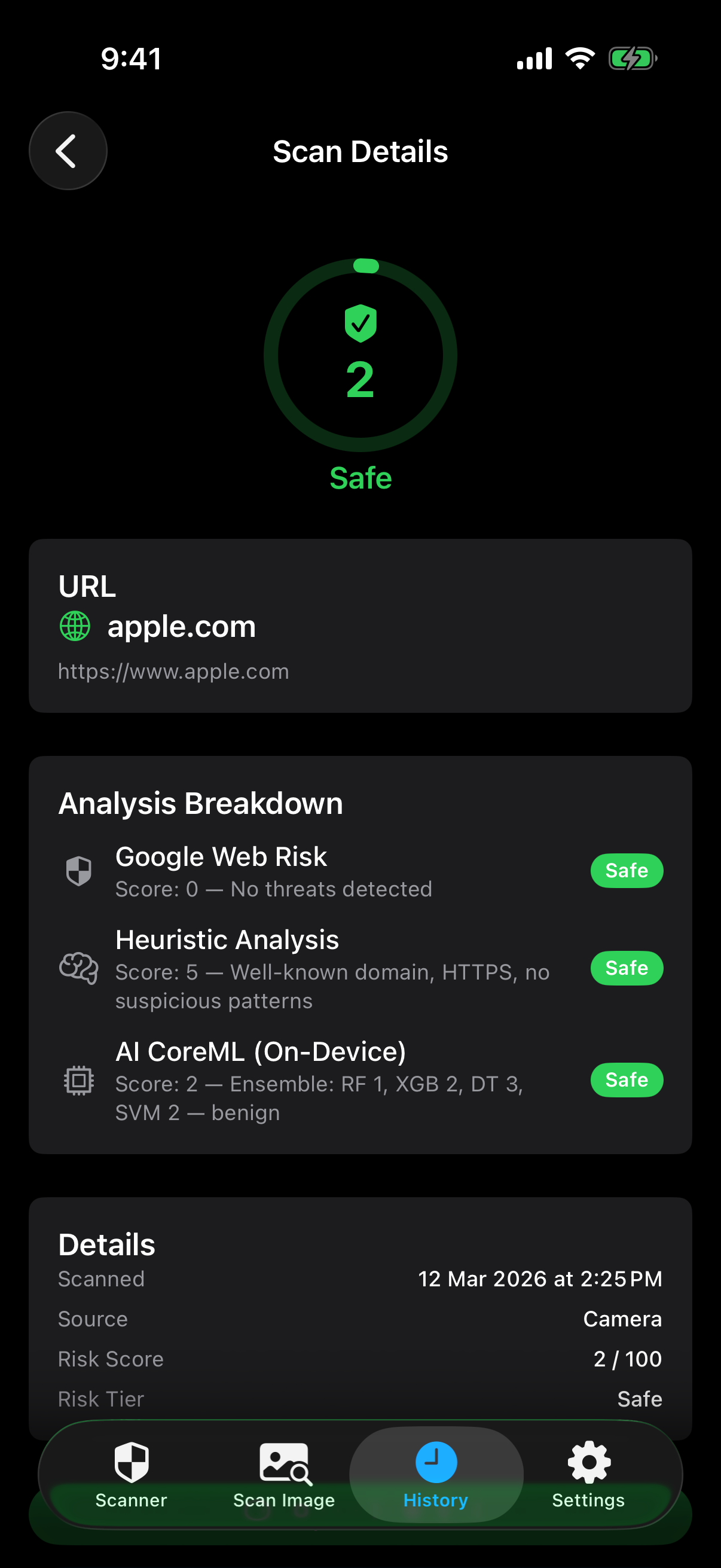 Safe scan result - apple.com scored 2/100